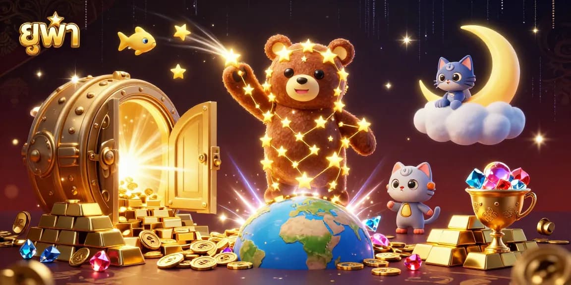Experience thrilling wins at ยูฟ่า, a vibrant casino scene with rich golden treasures and playful cosmic characters.