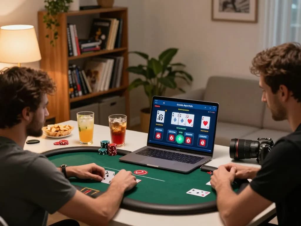 Pemain menganalisis antarmuka permainan poker online di Oracle Apps Hub dengan niat fokus di kantor rumah yang bergaya