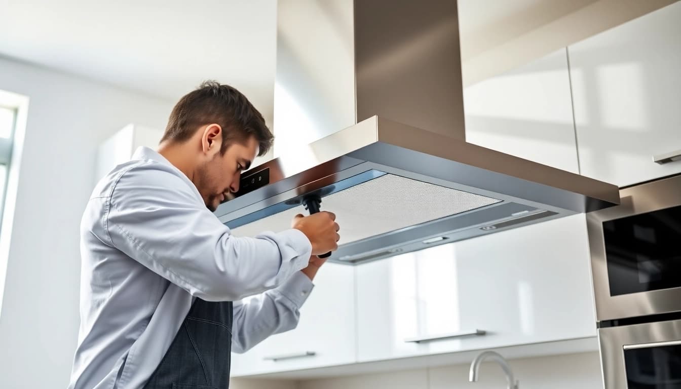 Enhance your vent hood repair with a professional technician at work in a modern kitchen setting.