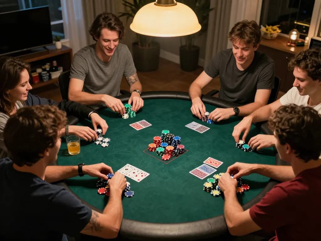 Friends enjoying an engaging game of poker at home showcasing w 88 betting strategies