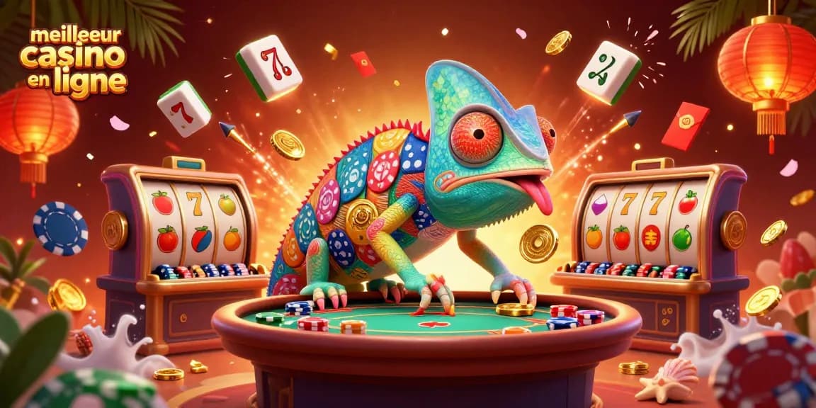 Découvrez le meilleur casino en ligne avec un joueur caméléon entouré d'éléments de jeux captivants.