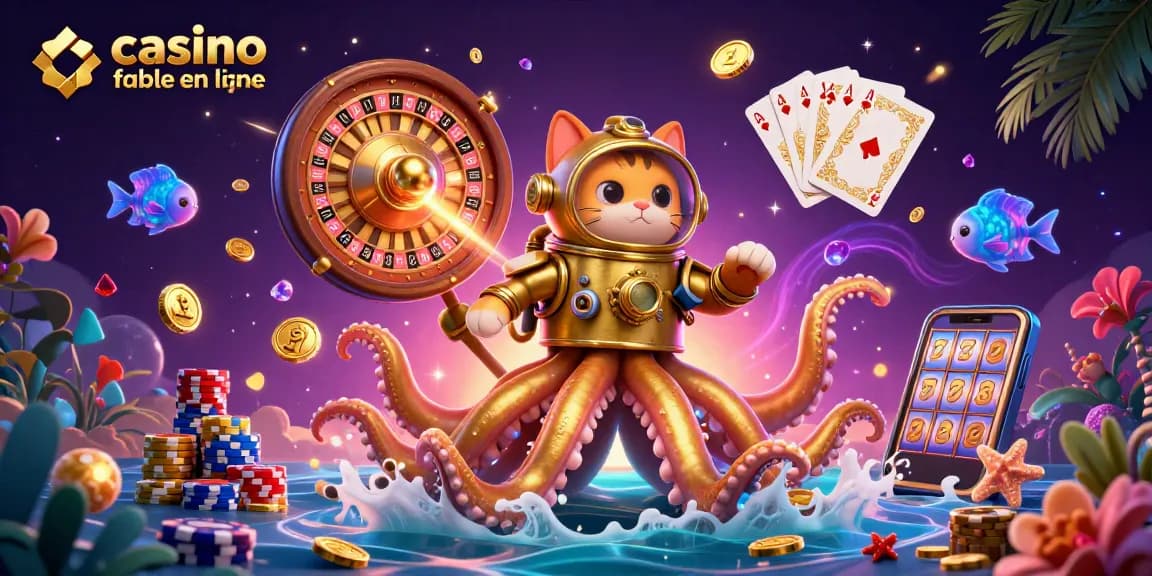 Illustration captivante de casino fiable en ligne avec un kraken doré et des poissons bioluminescents.