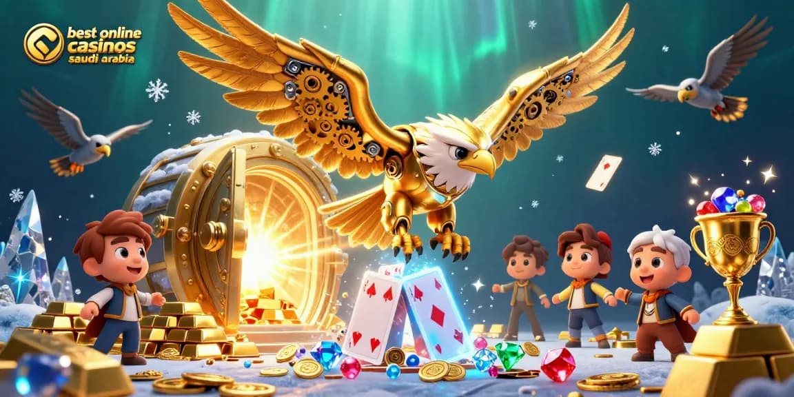 Experience the excitement of the best online casinos Saudi Arabia with a vibrant 3D illustration of a golden eagle.
