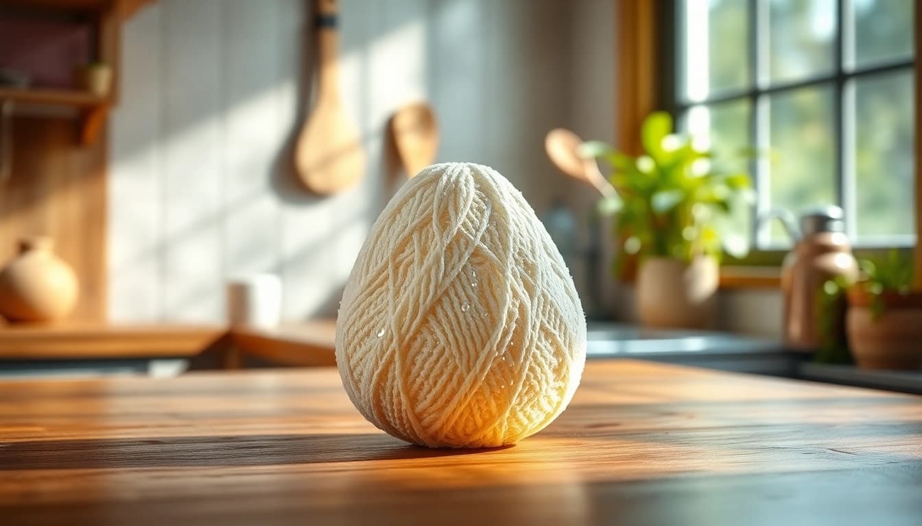 Kitchen loofah on a wooden counter, showcasing its texture and freshness in natural light.