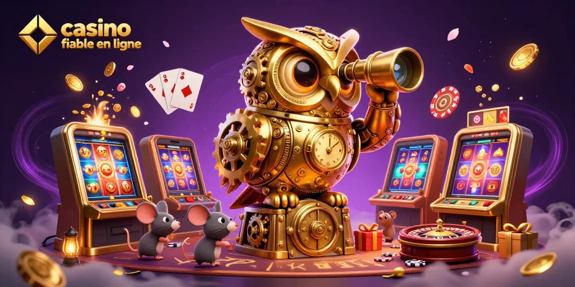 Image d'un casino fiable en ligne mettant en scène un hibou doré sur une porte de coffre, entouré de jeux et de pièces d'or.