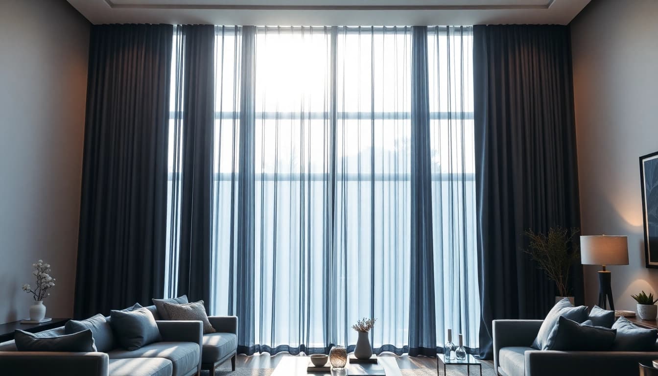 Verduisterende gordijnen in een moderne woonkamer creëren een stijlvolle en serene sfeer.