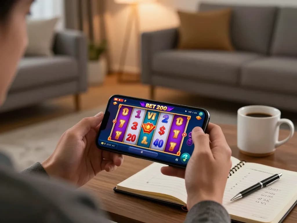 Engaging in situs slot bet 200 gameplay on smartphone in a cozy living room setting.
