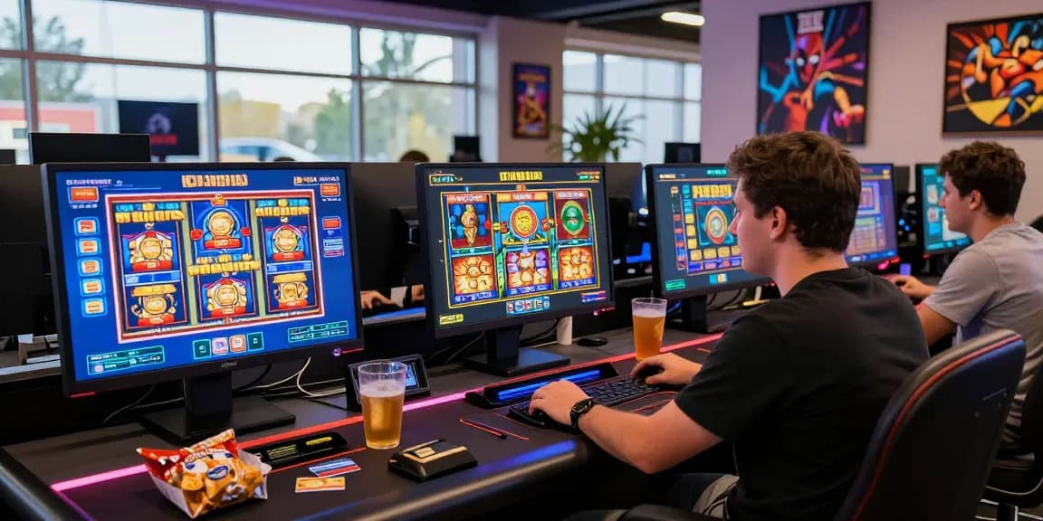 Engaged player exploring credit card casinos at vibrant online gaming setup.