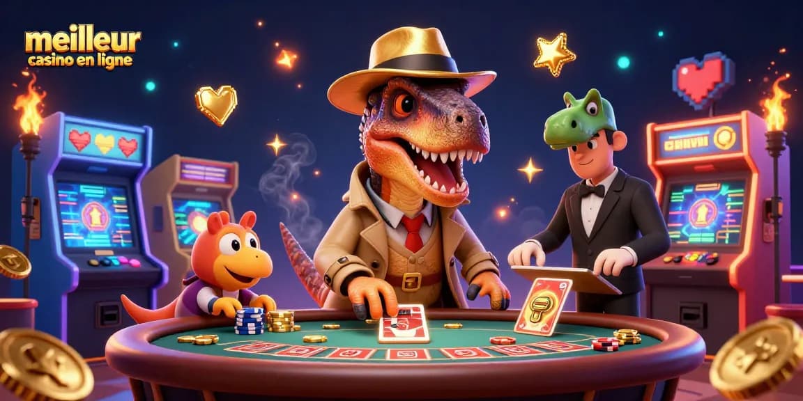 Jouer au meilleur casino en ligne avec des personnages de dinosaures dans une scène animée à Las Vegas.
