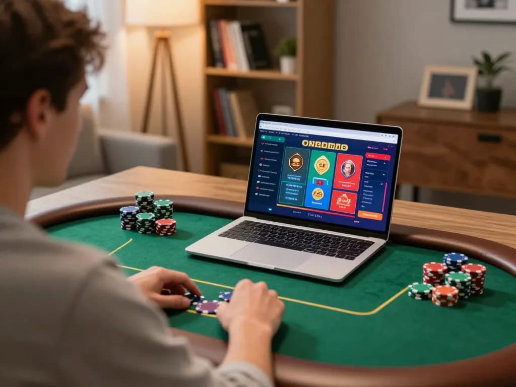 Engaging poker gameplay on https://rr88k1.com/ displayed on a laptop in a cozy home office setting.