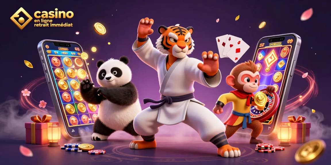 La scène dynamique de casino en ligne retrait immédiat avec un tigre maître de kung fu et un panda, entourés de jetons et de jeux de cartes.