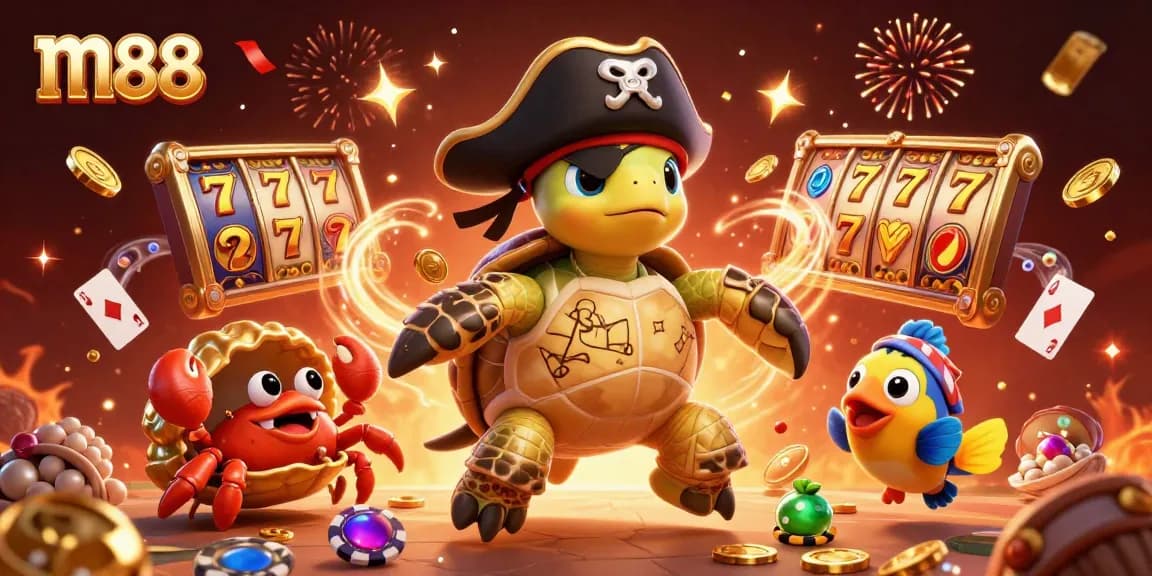Engage in exciting m88 casino games with a pirate turtle exploring treasures and exciting gameplay.