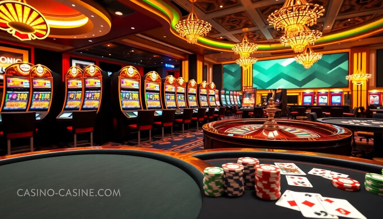 Découvrez l'excitation d'un casino en ligne fiable avec des machines à sous vibrantes, des roues de roulette et des tables de poker dans cette scène immersive.