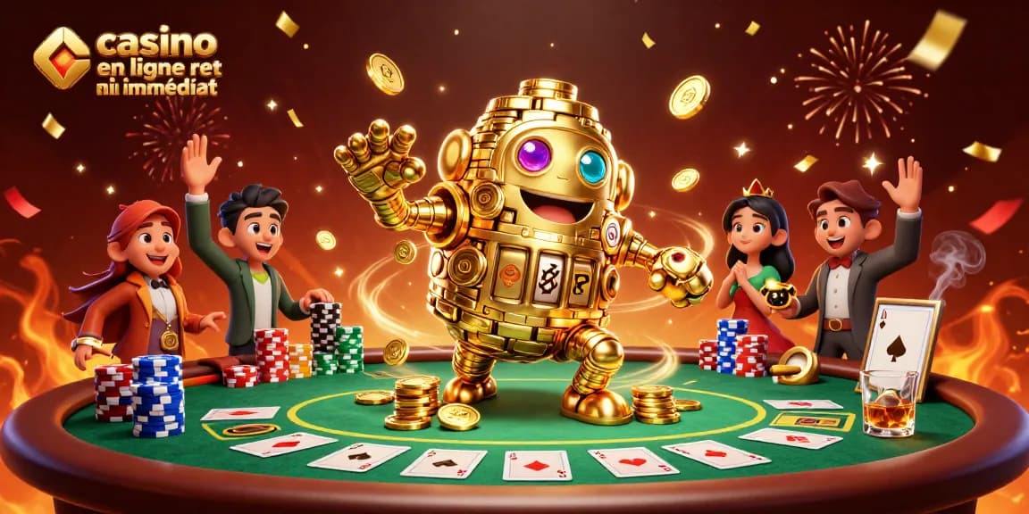 Illustration captivante de casino en ligne retrait immédiat avec un golem doré et des cartes de poker.