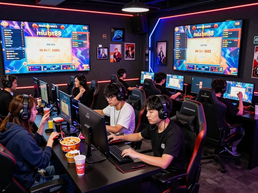 Exciting live nổ hũ hubet88 jackpot event in a vibrant esports lounge with competitive gamers.