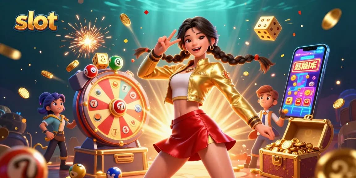 Spin the reels of exciting slot games with a vibrant Asian woman celebrating big wins.