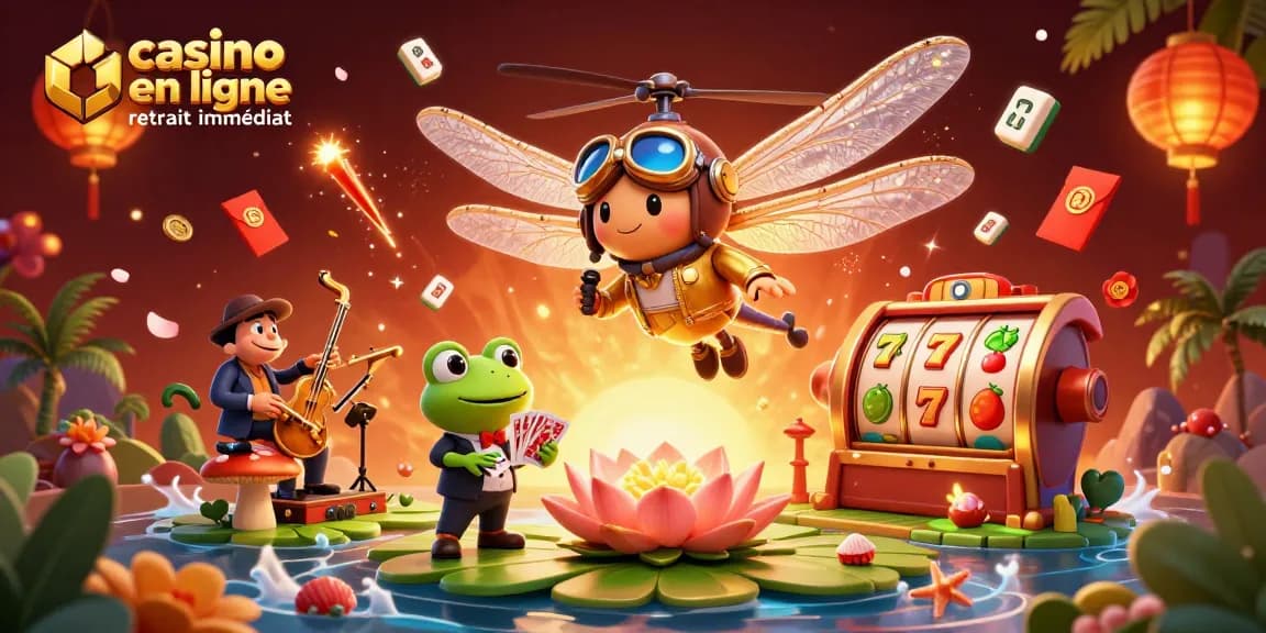 Vivez l'excitation de casino en ligne retrait immédiat avec un pilote de libellule et des croupiers animés dans une scène captivante.