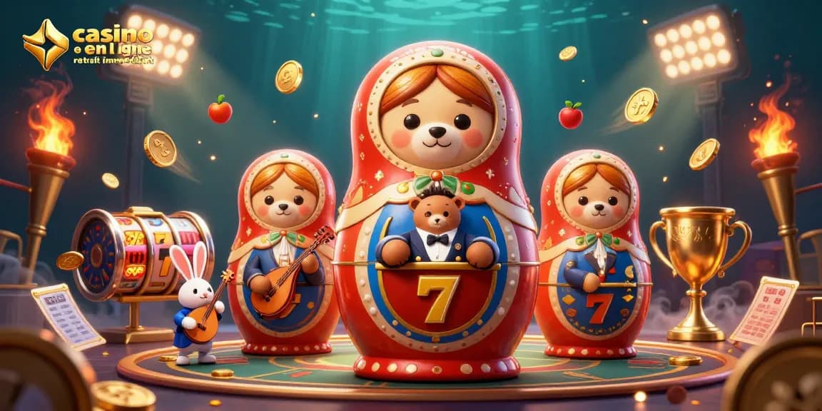 Jouer à casino en ligne retrait immédiat avec l'ours Matryoshka et des symboles de machine à sous dynamiques.