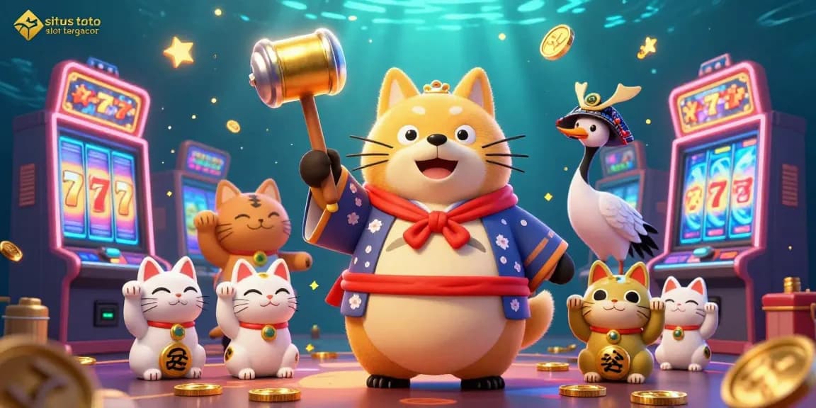 Experience the excitement of situs toto slot tergacor with a joyful tanuki and fortune cats in a vibrant casino setting.