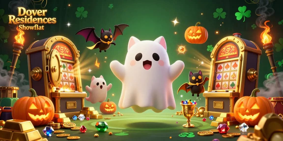 Dover Residences Showflat showcases a vibrant 3D casino scene featuring a ghost cat and vampire bat amidst rich treasures.