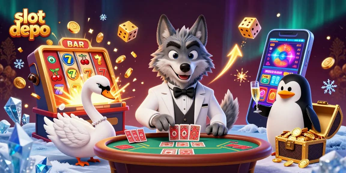 Engage with slot depo action featuring a debonair wolf, a card-dealing swan, and a champagne-presenting penguin amidst vibrant casino elements.