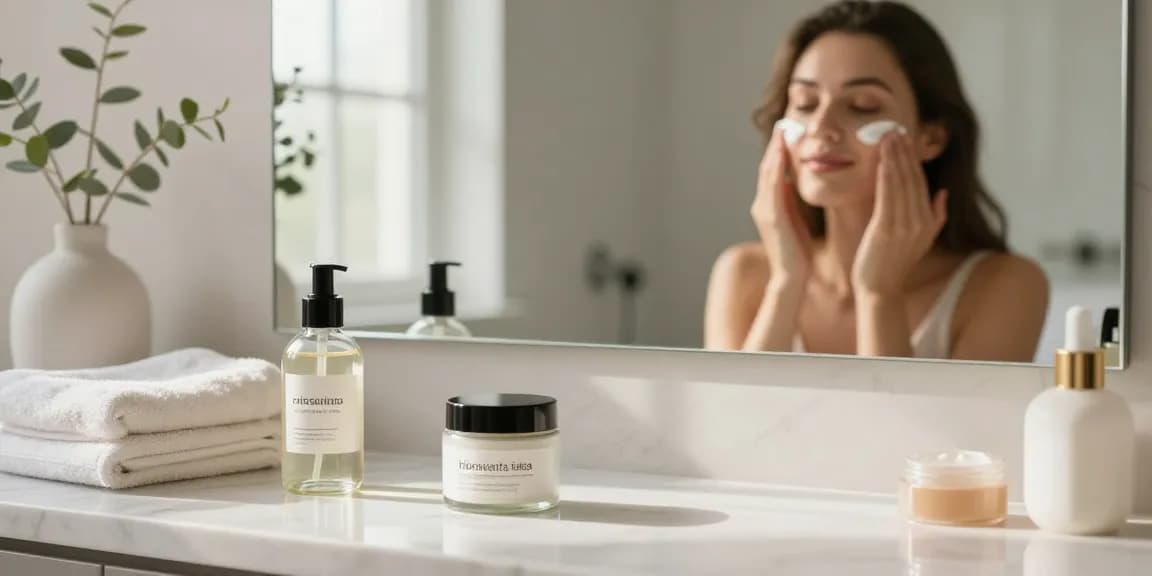Aplicând o cremă hidratantă pentru față într-o baie serene, înconjurată de produse esențiale pentru îngrijirea pielii.