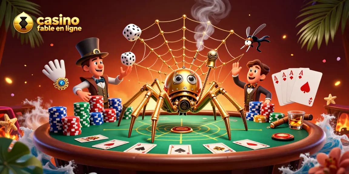 Visualisez un "casino fiable en ligne" avec une araignée steampunk dorée et une ambiance de poker intrigante.