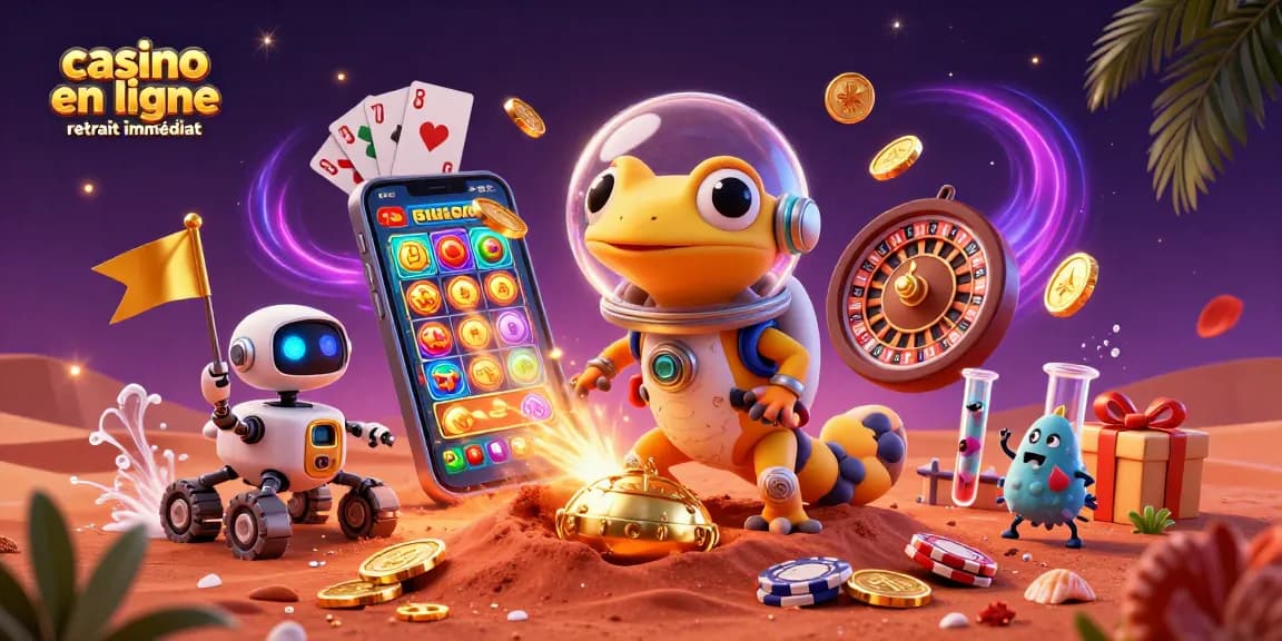 Casino en ligne retrait immédiat : Martien découvrant un casino caché dans le sable de Mars.