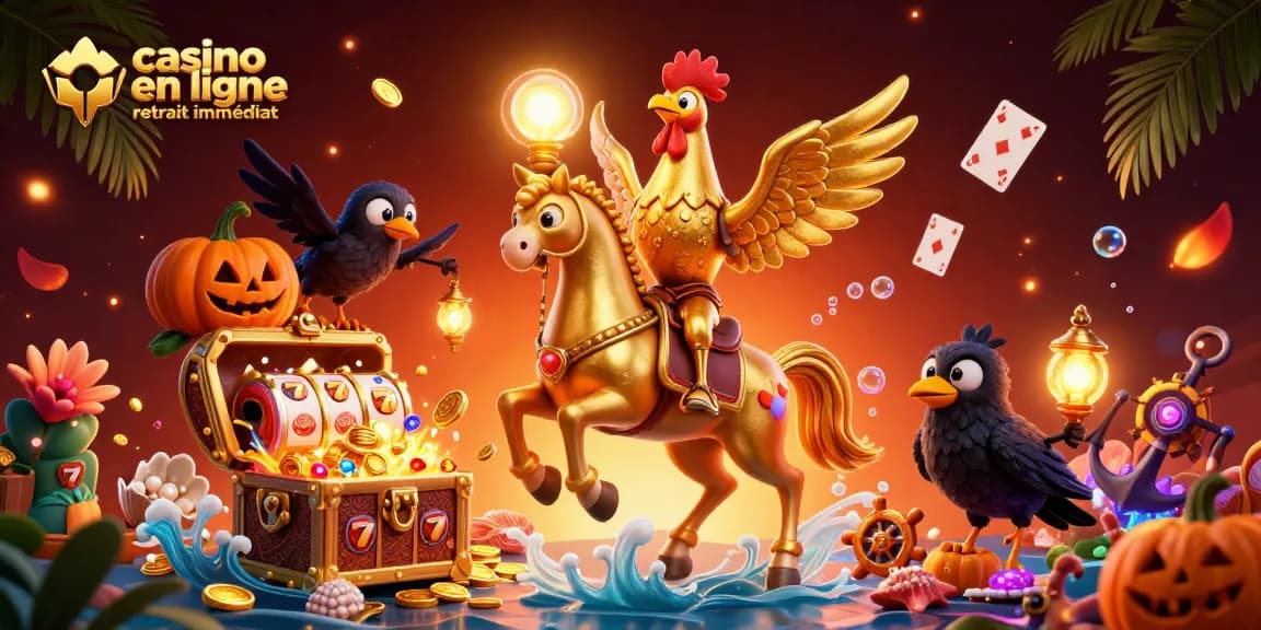 Illustration captivante sur le thème du casino en ligne retrait immédiat, avec un coq doré au casino.