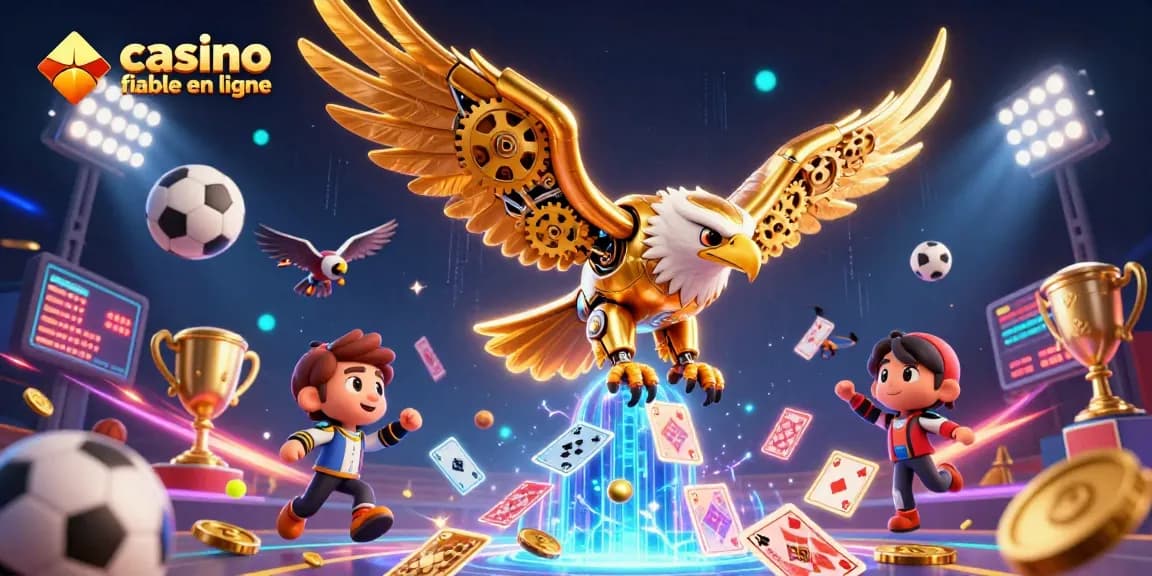 Jouez à un casino fiable en ligne avec cet aigle cybernétique et ses cartes holographiques.