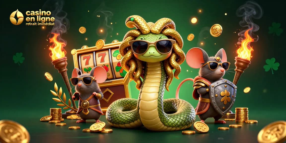 Jouez à des jeux de casino en ligne avec retrait immédiat qui présentent des personnages mythologiques et des rouleaux de machines à sous.
