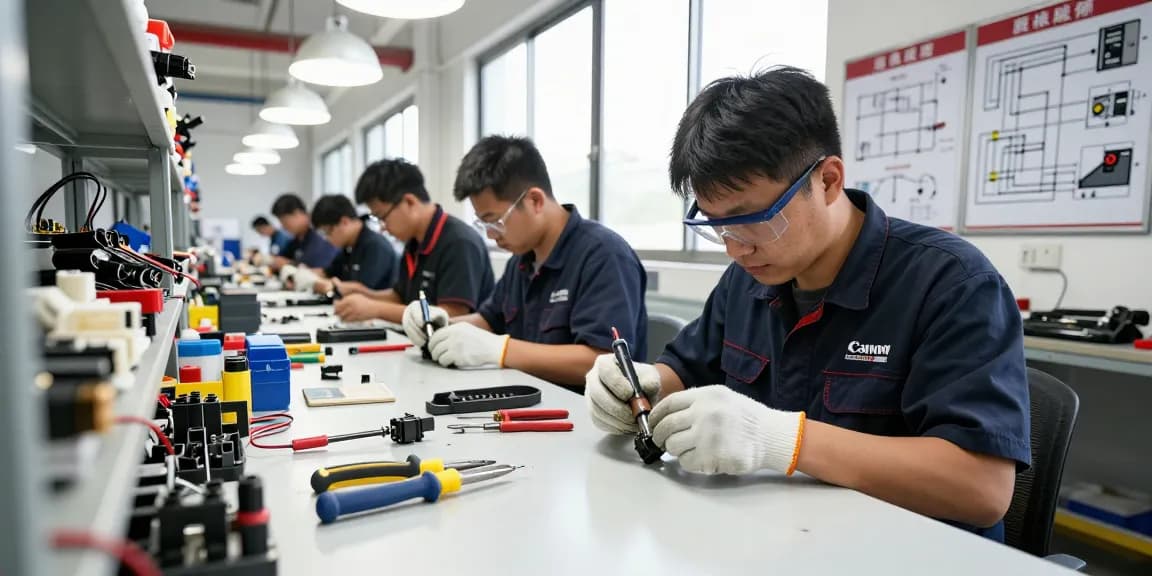 Technicians assembling automotive electrical connectors in a workshop, showcasing precision and craftsmanship.