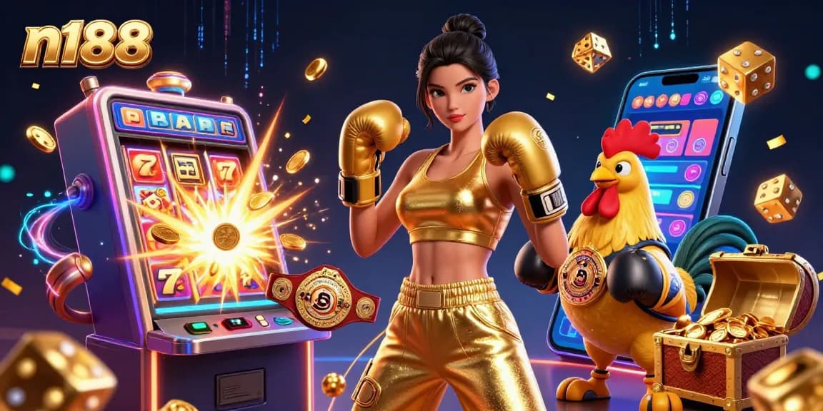 Experience thrilling gaming with n188, featuring a dynamic scene of a boxing woman and a championship rooster in a casino setting.