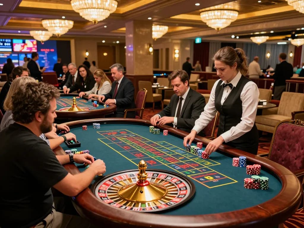 Excited players engaging at a 99win roulette table under ambient casino lighting.