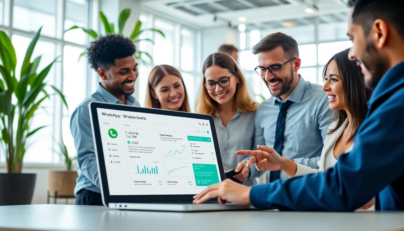 Engaged professionals utilizing WhatsApp Business CRM to analyze customer data