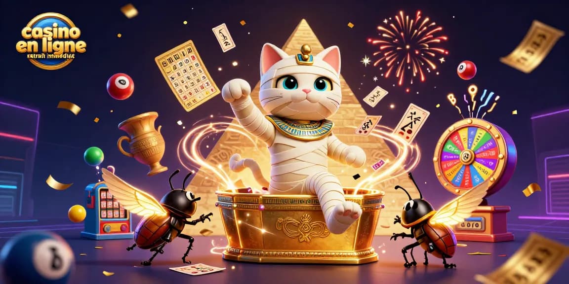 Vivez l'excitation avec le jeu de casino en ligne retrait immédiat, illustré par le chat momie égyptien et des éléments de loterie.