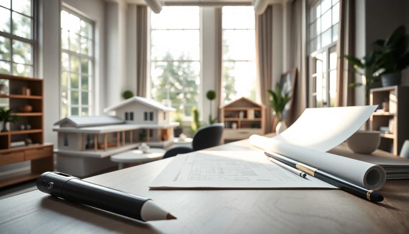 Showcasing Custom residential architecture services in a bright and professional architect's workspace.