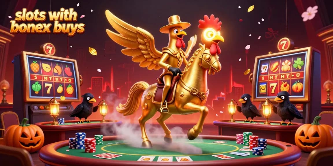 Experience thrilling slots with bonus buys as a golden rooster and friends illuminate a midnight casino.