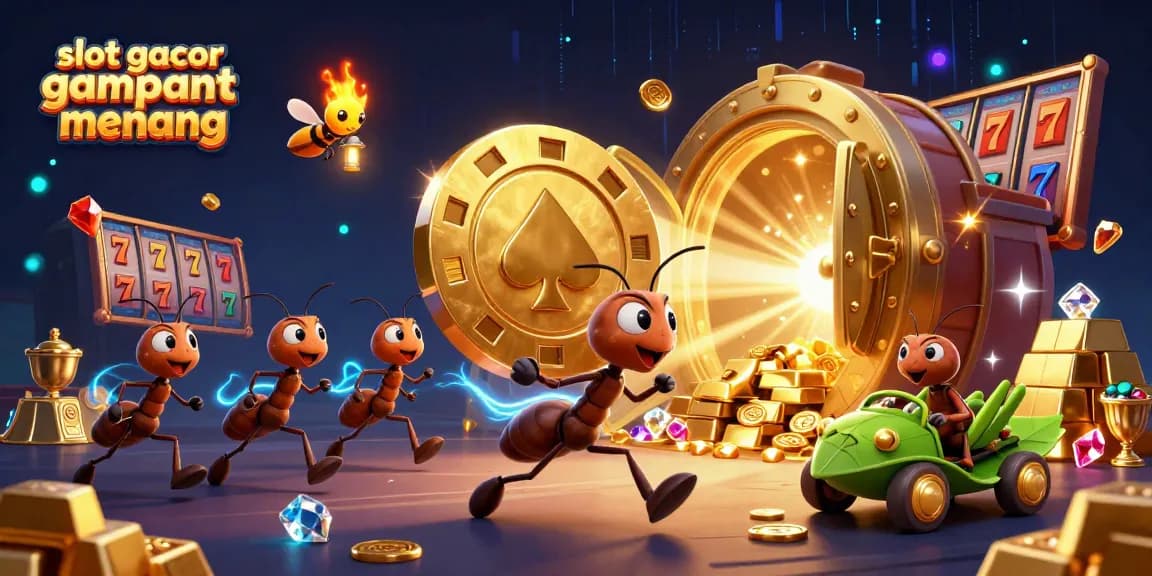 Experience slot gacor gampang menang as ants steal a giant poker chip amidst dazzling treasure.