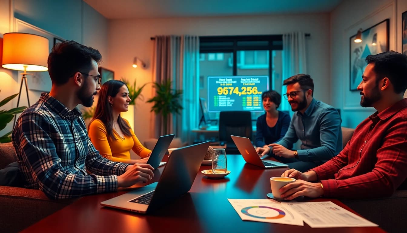Community discussion on safe betting practices with 토토스토리 in a modern office.