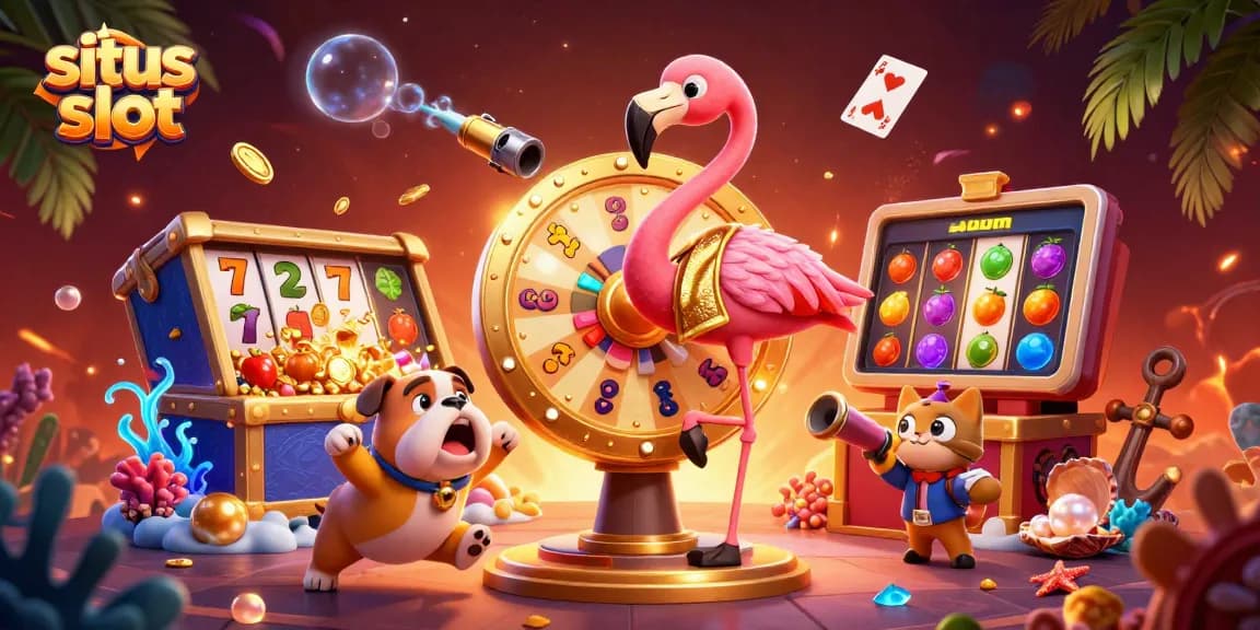 Spin the situs slot prize wheel with vibrant characters and symbols in an exciting casino scene.