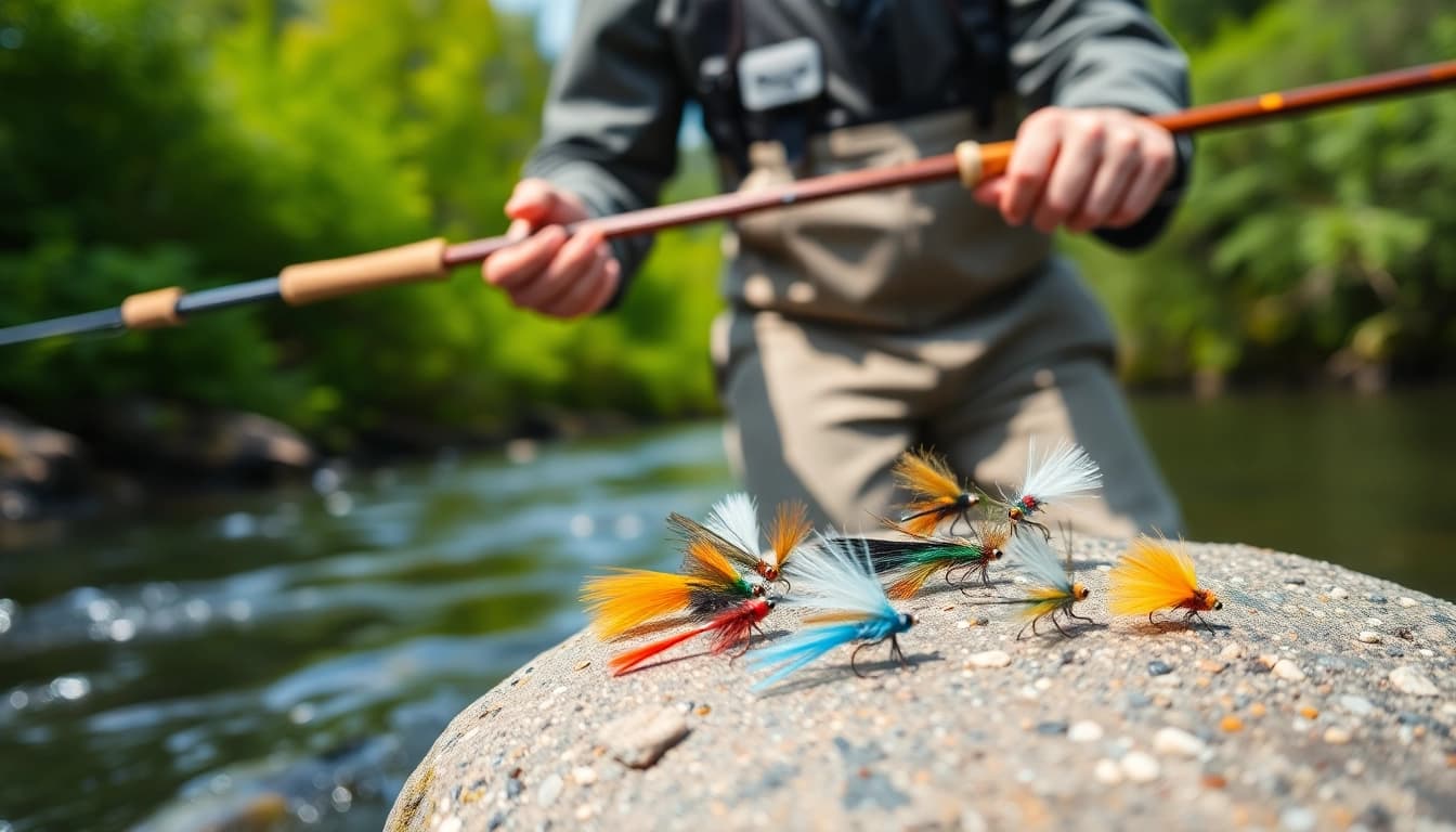 Explore diverse fly fishing accessories laid out beside a professional angler on a riverbank.