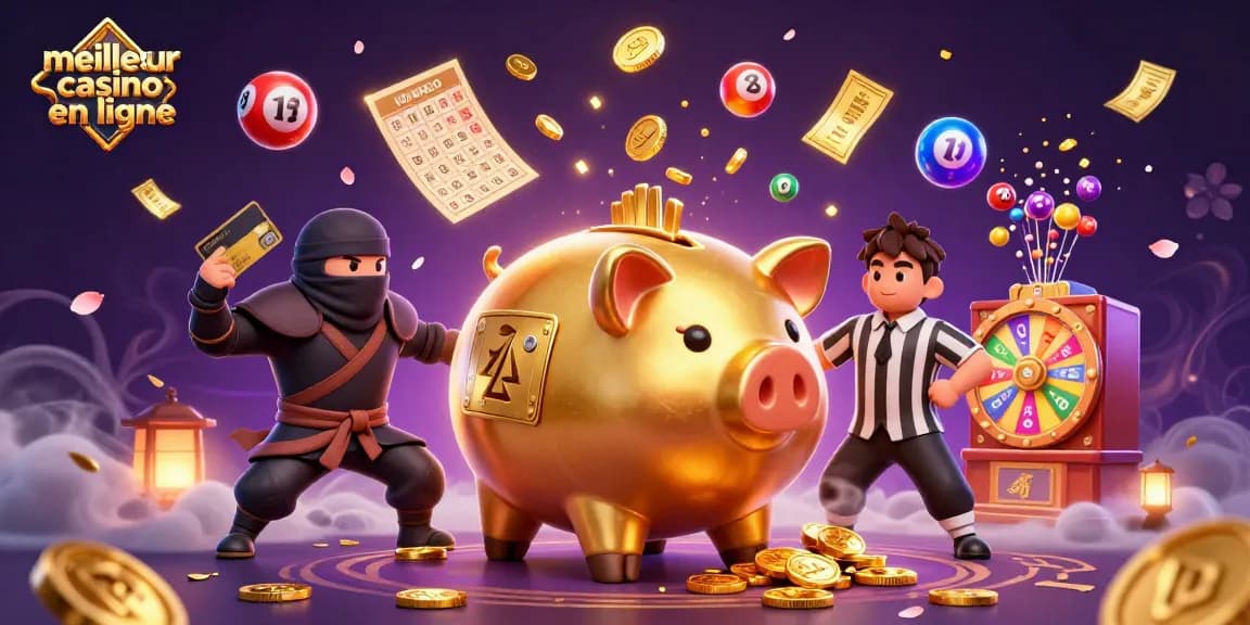 Illustration dynamique du meilleur casino en ligne avec un sumo, un ninja et un samouraï entourés de jeux.