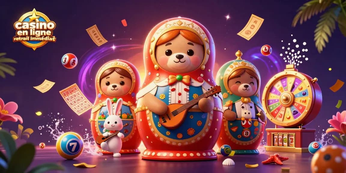 Profitez des jeux de casino en ligne retrait immédiat avec des ours Matryoshka et des éléments de loterie colorés.