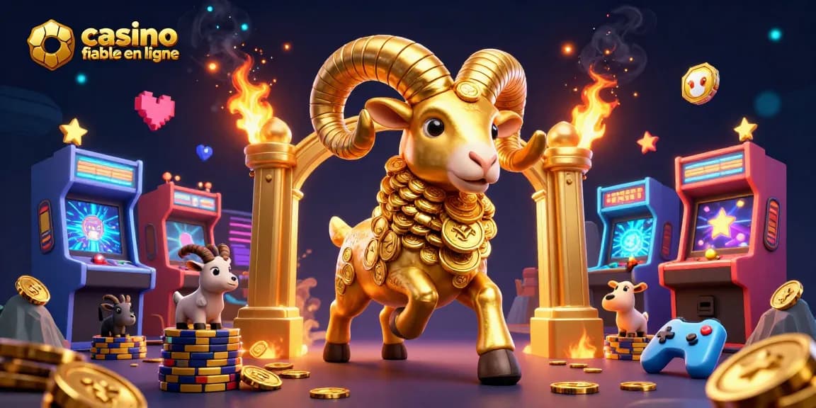 La scène dynamique avec le ram doré et des éléments de jeu colorés pour un casino fiable en ligne.