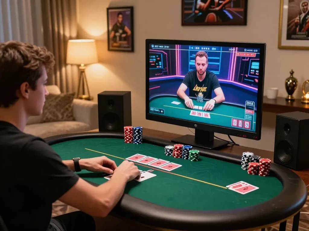 58win player focused on poker gameplay with strategic chips arrangement.