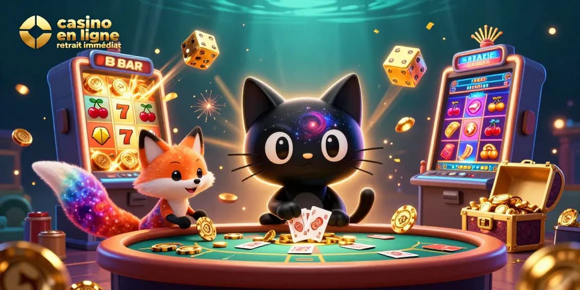 Jouer dans un casino en ligne retrait immédiat avec un chat de trou noir et un renard nébuleux entourés de machines à sous colorées.