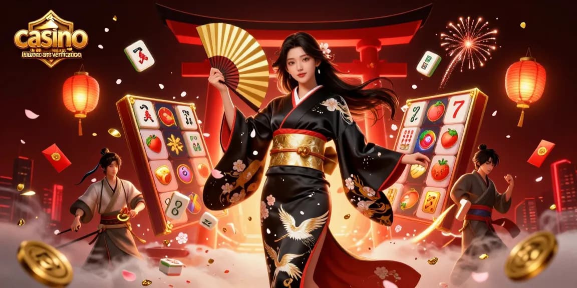 Découvrez le frisson du casino en ligne sans vérification avec des jeux de machines à sous vibrants et un personnage élégant au milieu d'éléments festifs animés.