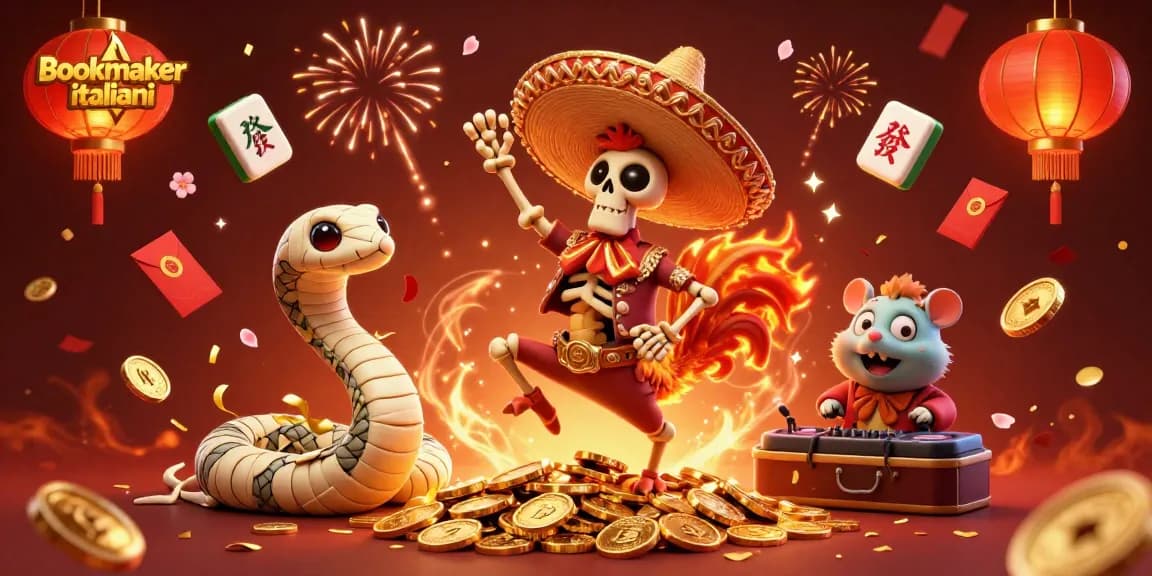 Bookmaker italiani offre scommesse vincenti con un'atmosfera festosa e dettagli dorati, tra cui monete e fuochi d'artificio.