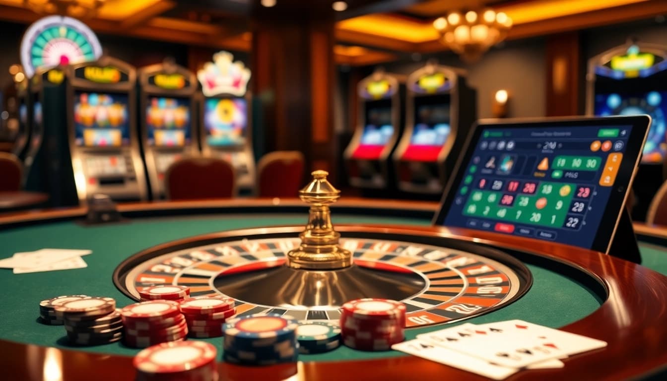 Scène engageante d'activités de casino mettant en avant un environnement de casino en ligne fiable avec roulette et cartes à jouer.